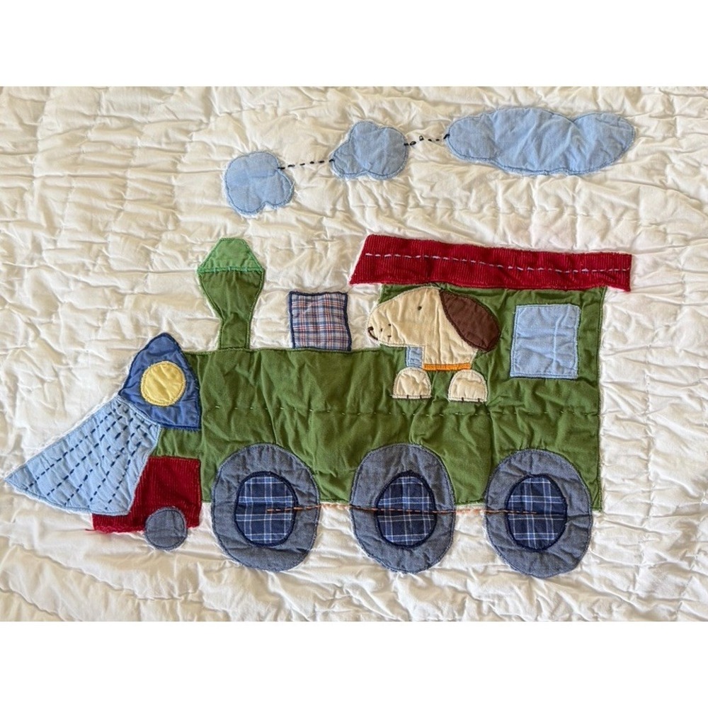 Vintage Pottery Barn Kids Train Junction Dog Sham Standard Size Green White Blue